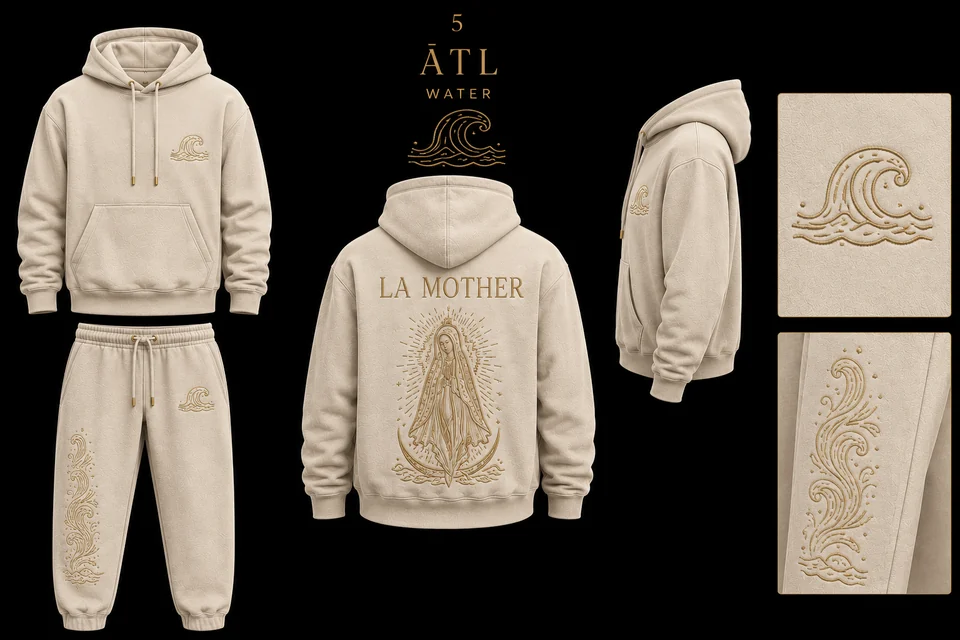 Ātl Water Set matching sweatshirt and sweatpants apparel mockup.