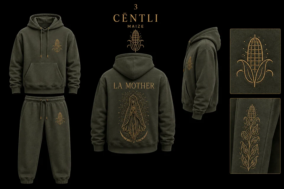 Cēntli Maize Set matching sweatshirt and sweatpants apparel mockup.