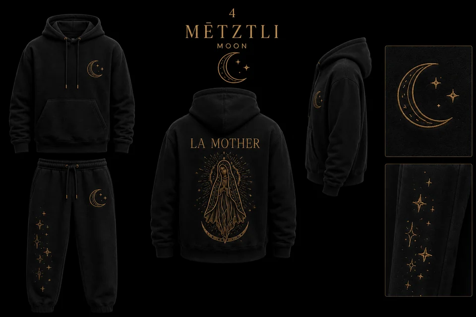 Mētztli Moon Set matching sweatshirt and sweatpants apparel mockup.