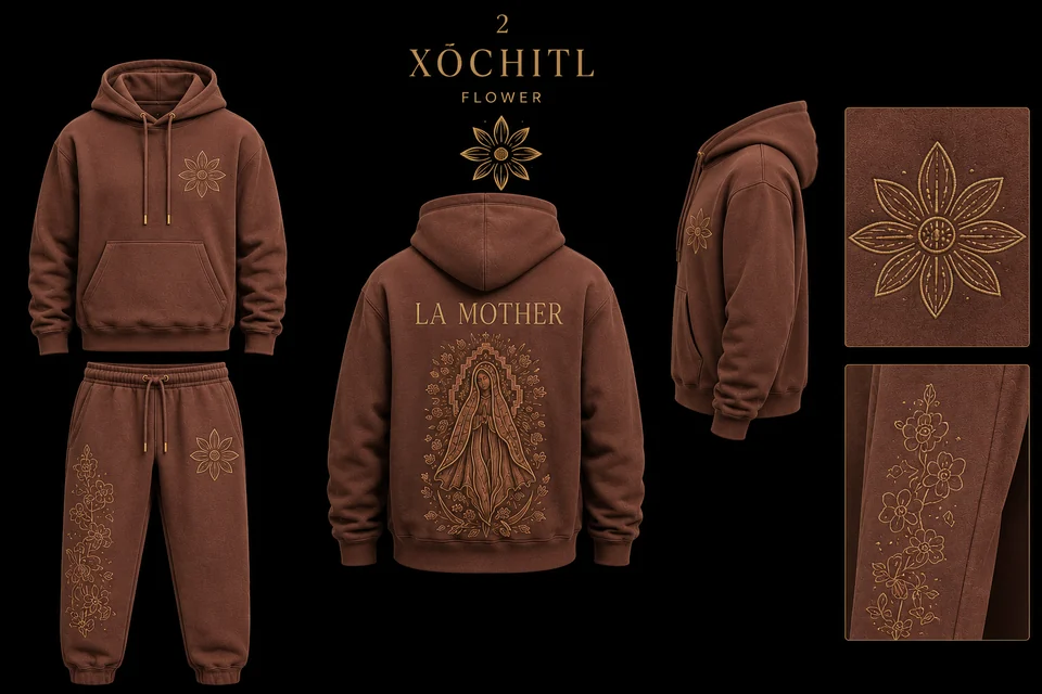 Xōchitl Flower Set matching sweatshirt and sweatpants apparel mockup.